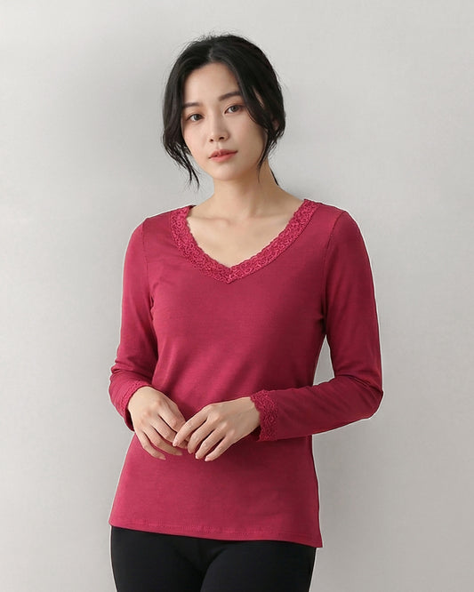 美麗諾_調溫V領-羊毛內搭衣(蕾絲)