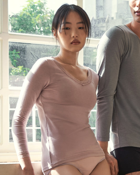 美麗諾_調溫V領-羊毛內搭衣(蕾絲)